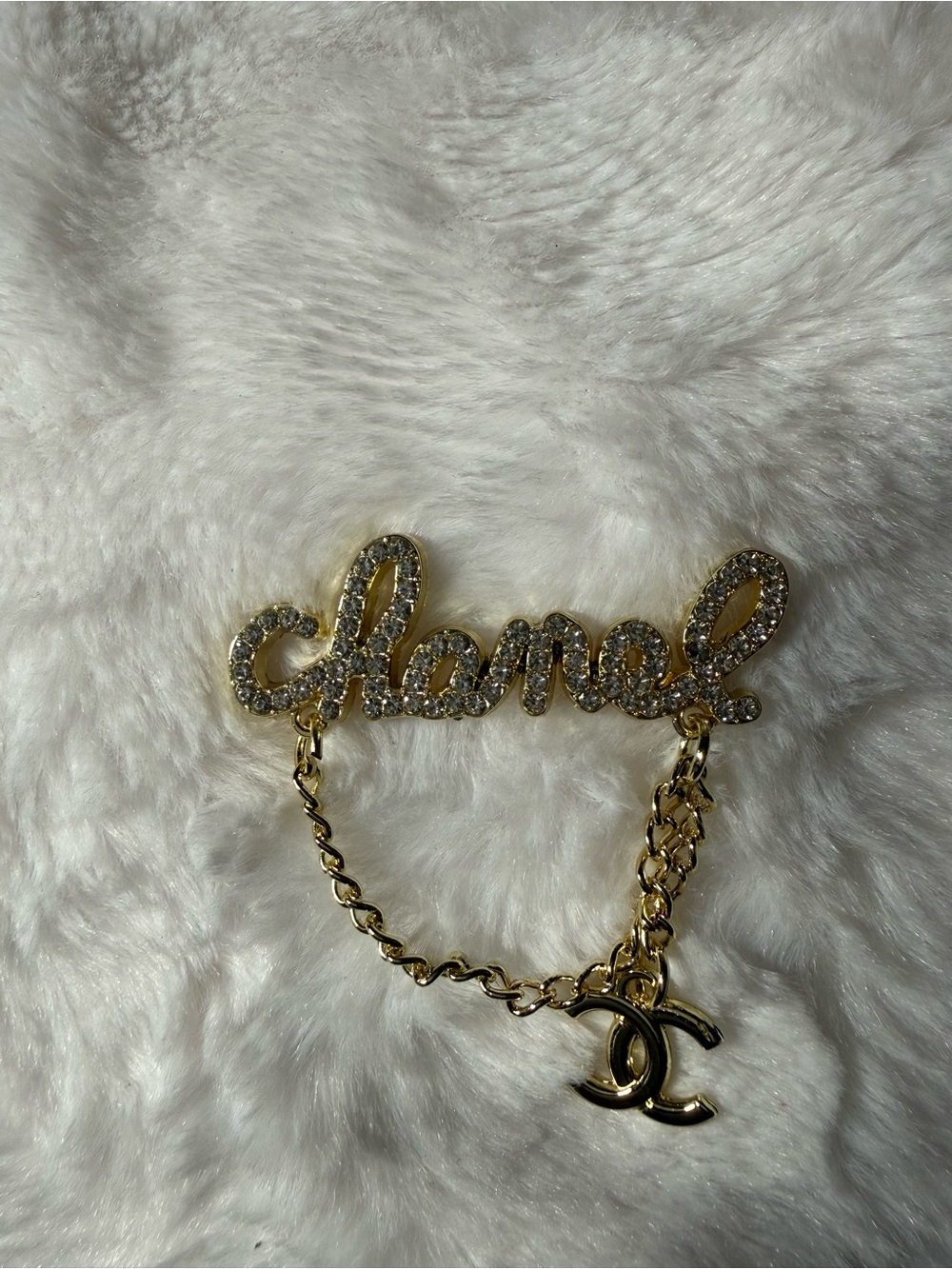 Gold Tone Rhinestone Charm with Chain Detail